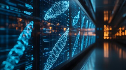 Futuristic Digital Visualization of Intricate DNA Structures and Genetic Data