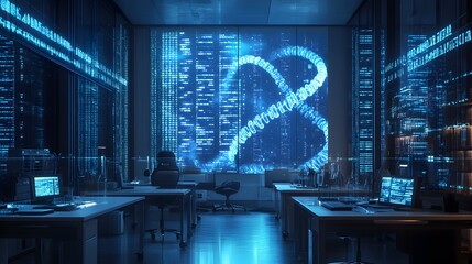 Futuristic Holographic DNA Sequence Visualization in High Tech Digital Workspace