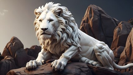 Fototapeta premium A white lion perched atop a boulder. three-dimensional drawing. Inventions in Generative AI