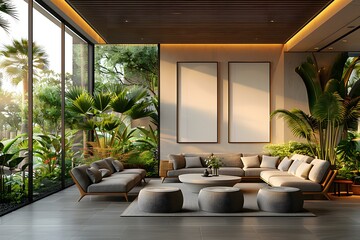Modern Luxury Living Room with Indoor Garden, Natural Light, and Elegant Furniture Setup for Contemporary Design