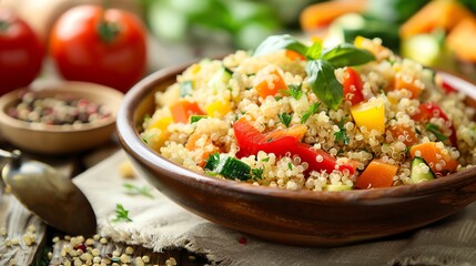 A bowl of quinoa with vegetables and herbs.