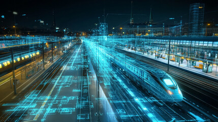 Futuristic train station at night showcasing digital technology and automated systems, blending speed and innovation.