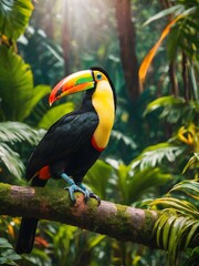Fototapeta premium Colorful toucan in a lush jungle background