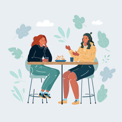 Cartoon vector illustration of friends woman talk at they lunch on white background.