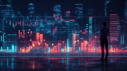 Obraz premium Silhouette Person Looking at Digital Financial Chart