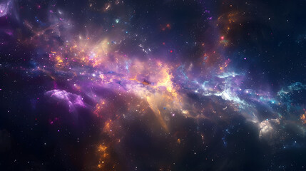 Naklejka premium A mesmerizing view of a galaxy with vibrant purples, blues, and oranges stretching across the cosmos, showcasing the beauty and vastness of the universe.