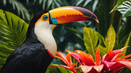 Fototapeta premium Colorful toucan in a lush jungle background