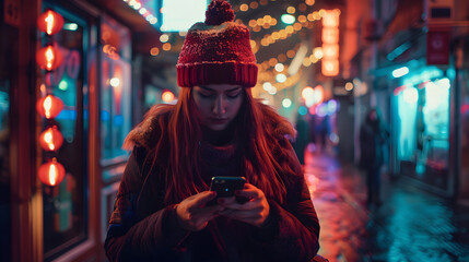 Fototapeta premium A young woman in a winter hat using her smartphone on a lively city street at night, surrounded by colorful lights and a vibrant atmosphere, capturing the essence of urban nightlife.