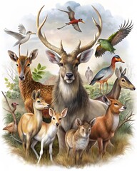 Naklejka premium Realistic Wildlife Art – Majestic Deer and Forest Animals