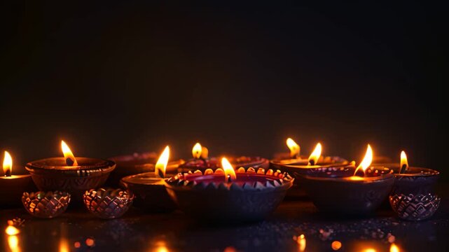 Beautiful diya lamps lit during Diwali celebration, closeup, Diwali festival of lights background