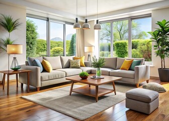 Fototapeta premium Comfortable and modern living room furniture fills a bright and airy setting with soft textures and subtle colors,