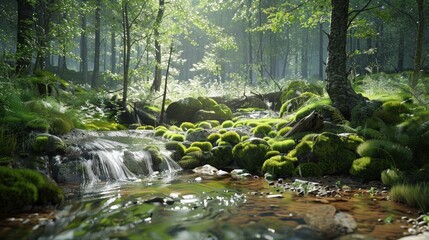 Obraz premium A serene forest stream with moss-covered rocks and dappled sunlight,