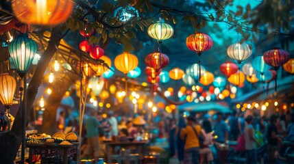 Obraz premium A vibrant street market with colorful lanterns and lively crowds,