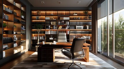 Elegant home office with sleek, built-in bookshelves 