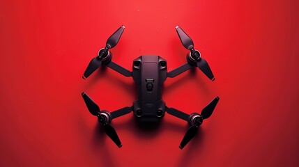 A black drone with four propellers against a red background.