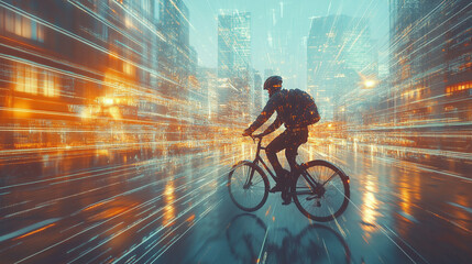 A cyclist rides through a rainy city, illuminated by blurred lights and reflections, capturing a dynamic urban atmosphere.