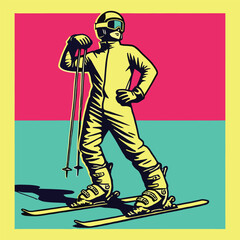 Skier after crossing the finish line struck cool poses. Vector illustration