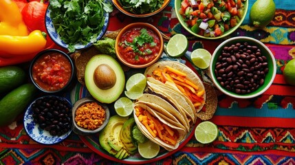 A vibrant vegan taco spread is laid out with colorful toppings like fresh salsa, avocado, and lime. This gluten-free and lactose-free feast caters to various dietary needs