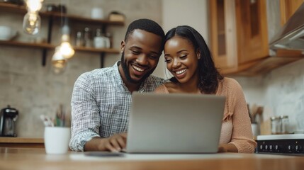Fototapeta premium Couple Using Laptop in Kitchen