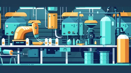 Fototapeta premium Scene of an industrial paint shop spraying components flat design side view coating processes theme cartoon drawing Split-complementary color scheme