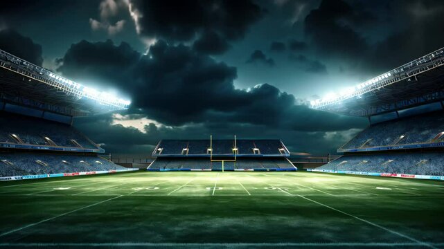 Night football stadium with lights and seats. 3d render illustration, Football field illuminated by stadium lights