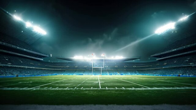 Soccer stadium at night with lights and grass field 3D rendering, Football field illuminated by stadium lights