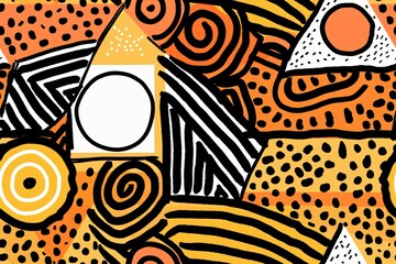 An abstract geometric pattern that combines a variety of shapes, colors, and textures. The use of warm tones, such as orange and yellow, adds energy and warmth to the design.