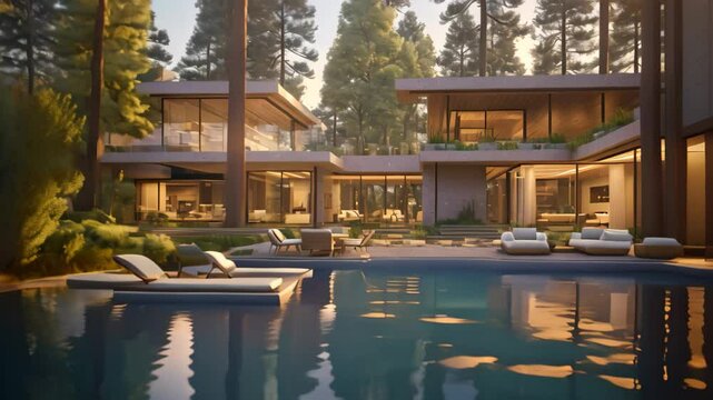 3d rendering of modern cozy chalet with pool and parking for sale or rent. Beautiful forest on background. Clear summer night with many stars on the sky, Forest Inviting Retreat