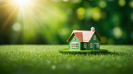 日光の抽象的な背景を持つ緑の芝生の上に置かれた小さなモデルハウスと生活の概念