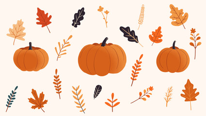 set of autumn elements, leaves, pumpkins, berries. decorations, design elements, horizontal banner