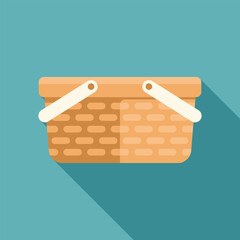 Empty picnic basket is casting a long shadow on a turquoise background