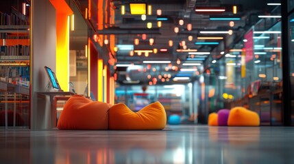 A detailed ultrarealistic image of a colorful and futuristic English school library, designed for a fun and modern learning experience. The space is filled with comfy puffs, modern ergonomic