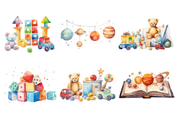 Obraz premium PNG cute watercolor toy element set, transparent background