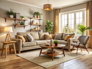 Cozy living room interior with comfortable sofa, armchair, and coffee table in neutral tones