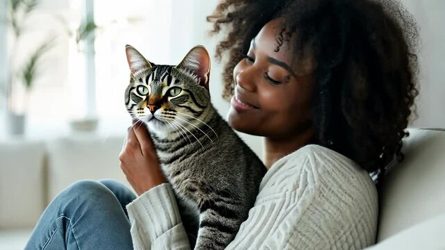 heartwarming embrace, joyful woman snuggling hugging cat in cozy, white bed, sharing moment of affection and comfort, pets lover owner