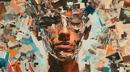 A vibrant collage depicting a woman's face created from magazine snippets, exploring themes of identity and self-perception. The colorful composition adds depth to the artwork.