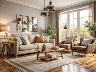 Cozy living room interior with comfortable sofa, armchair, and coffee table in neutral tones