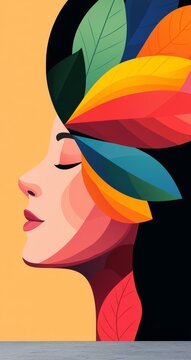 A vibrant and colorful illustration of a woman with leafy elements symbolizing nature and creativity.