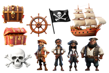 PNG 3D pirate element set, transparent background