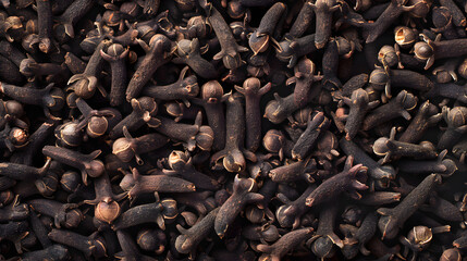 A close-up shot of dried whole cloves, showcasing their texture and earthy brown color. Ideal for themes related to spices, cooking, and natural ingredients.