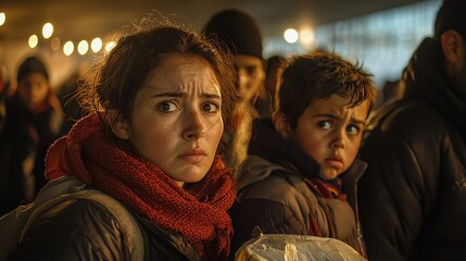 Fototapeta premium Worried mother with children standing in line at a food bank, highlighting poverty and hunger