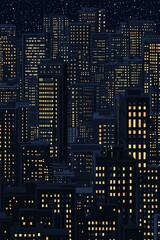 A minimalist pattern of a city skyline at night, with only the windows of the buildings illuminated.