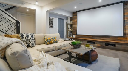 Imagine the cozy feel of a basement family room with a large sectional and a projector screen 