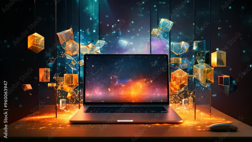 Poster laptop with glowing cubes flying out of the screen. 3d rendering, futuristic workspace with sparklin