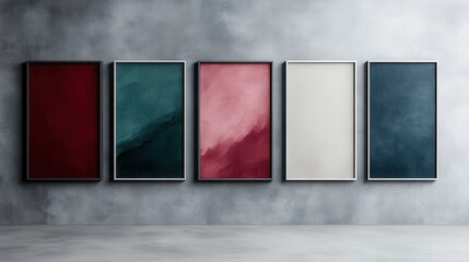 A gallery-style display of abstract landscape art pieces in a range of colors, mounted on a...