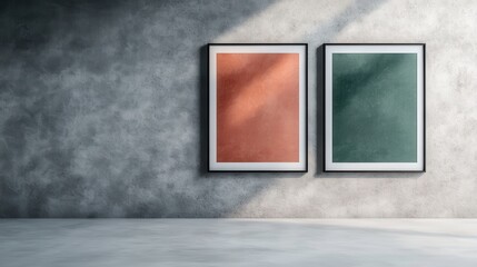Two vibrant frames, one red and one green, with rich textures, mounted on an industrial-style, grey-concrete wall, creating a striking visual contrast.