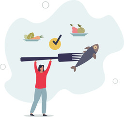 Mindful eating and healthy, balanced food awareness.Think about what you eat and be present to moment.flat design with people.