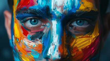 Obraz premium Detailed close-up of a person's face with vibrant, multicolored paint. The intense blue eyes stand out amid the artistic brush strokes, creating a striking and captivating image.