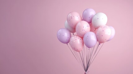 A cheerful bunch of pink, white, and lavender balloons are gathered together, floating lightly in front of a soft pink wall, evoking a sense of celebration and happiness.