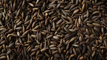 A detailed close-up view of black cumin seeds, showing their dark color and natural texture. Suitable for themes related to spices, cooking, and natural ingredients.